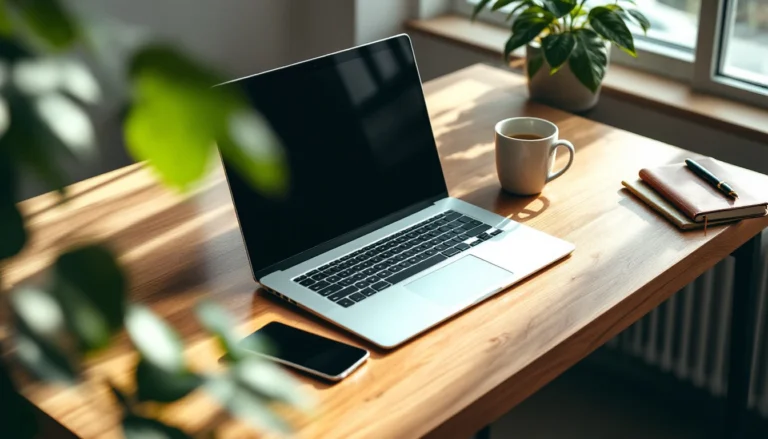 Minimalist desk workspace with closed laptop, notebook, and coffee mug in natural morning light