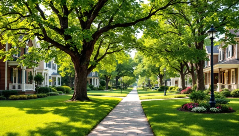 Tree-lined residential street with colonial homes and mature landscaping in established neighborhood
