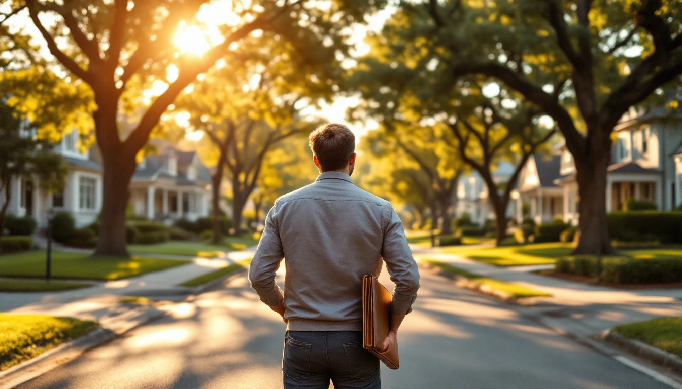 Real estate agent surveying an established residential neighborhood with tree-lined streets and craftsman homes