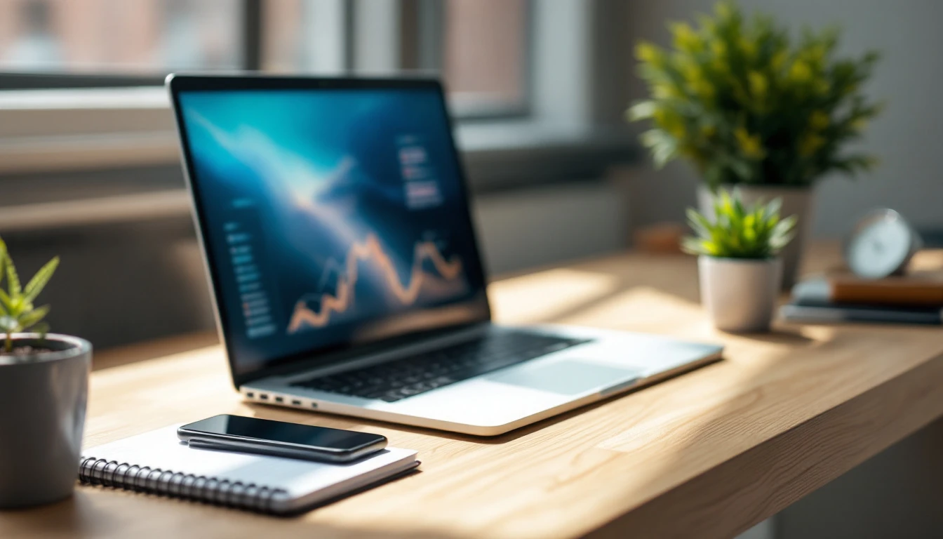 Modern workspace desk with laptop showing blurred analytics and organic desk accessories in natural light
