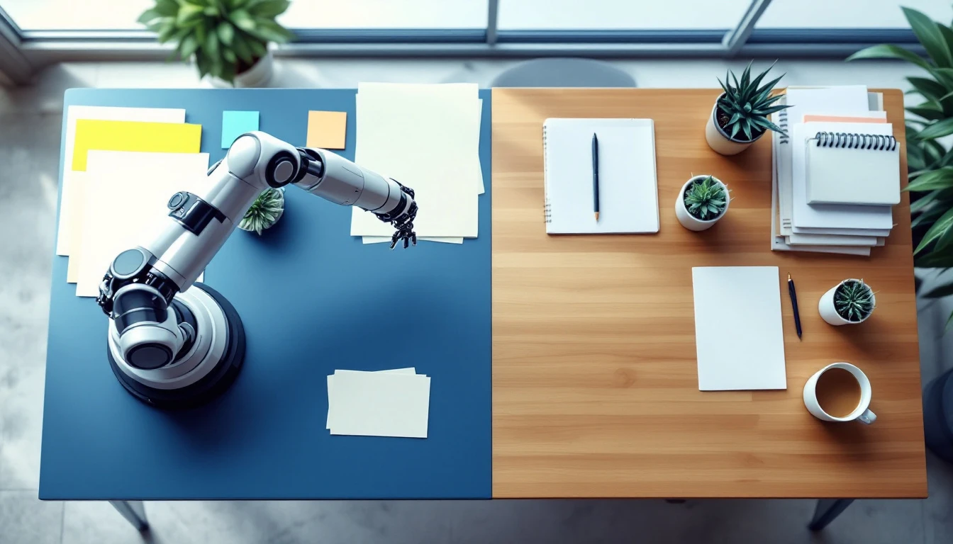 Split workspace showing robotic automation on one side and traditional manual workspace on the other