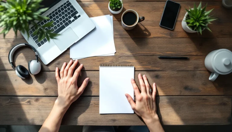 Overhead view of business strategy workspace with hands reviewing blank planning documents on wooden desk