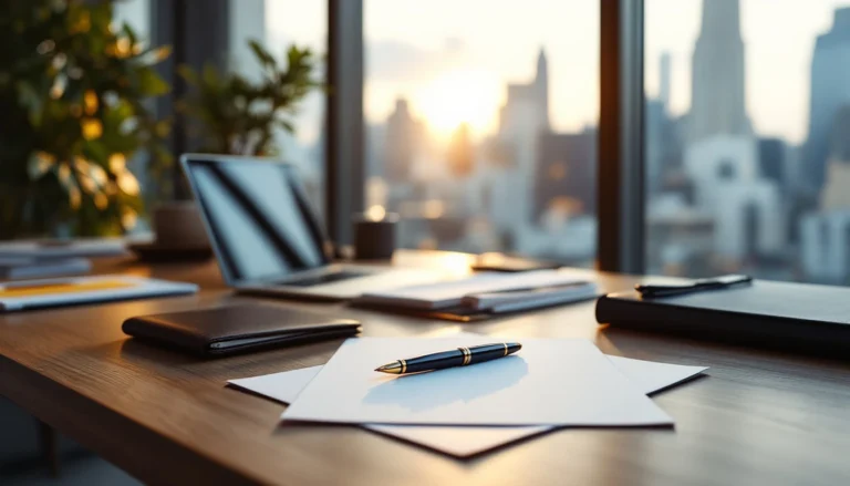 Professional financial services workspace with portfolio and writing materials on modern office desk