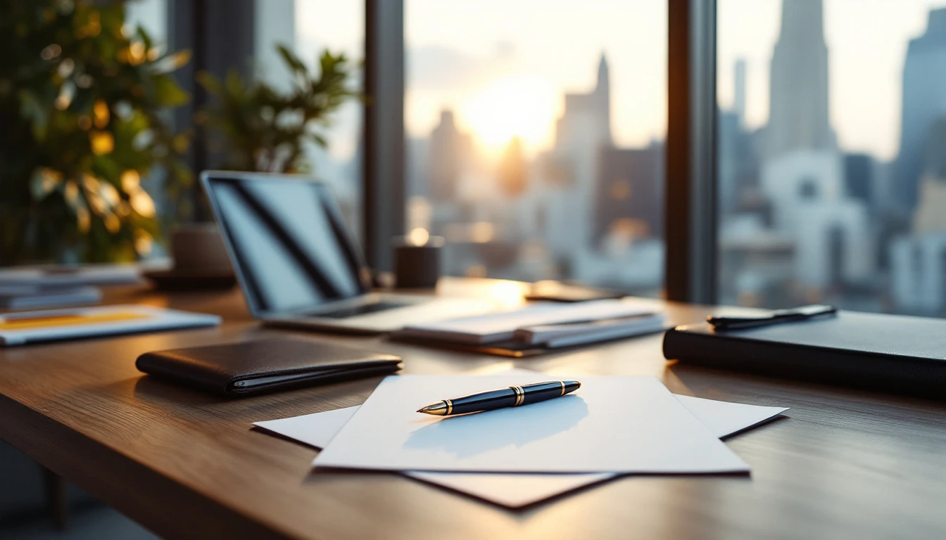 Professional financial services workspace with portfolio and writing materials on modern office desk