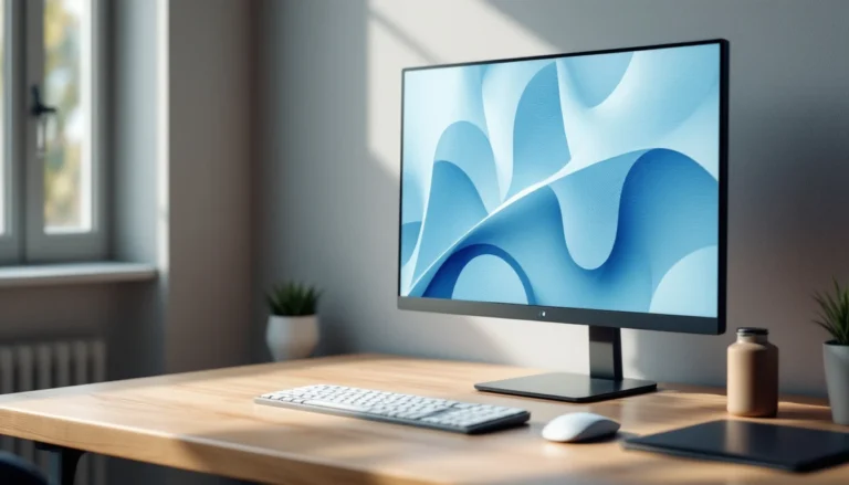 Modern workspace with monitor displaying geometric patterns, keyboard, and minimal desk accessories
