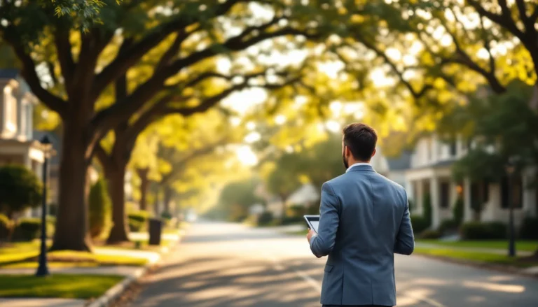 Real estate agent observing tree-lined residential street with mixed architectural home styles