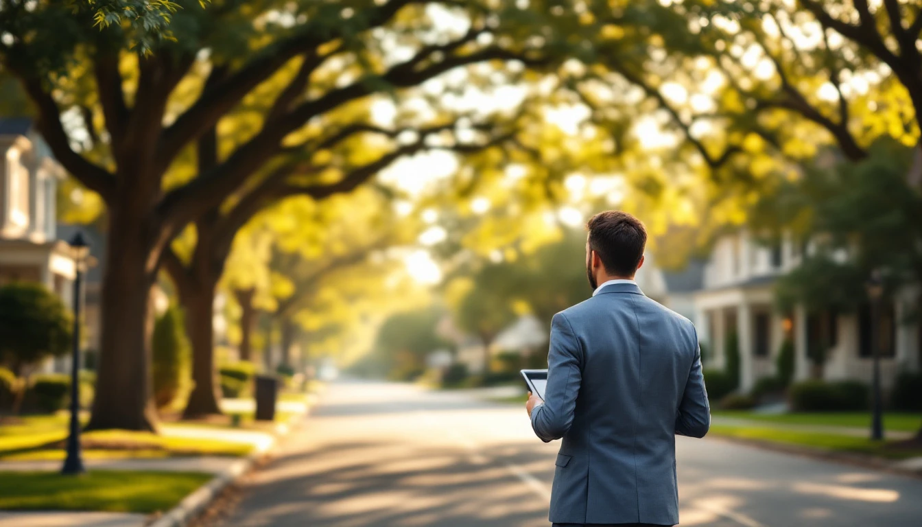 Real estate agent observing tree-lined residential street with mixed architectural home styles