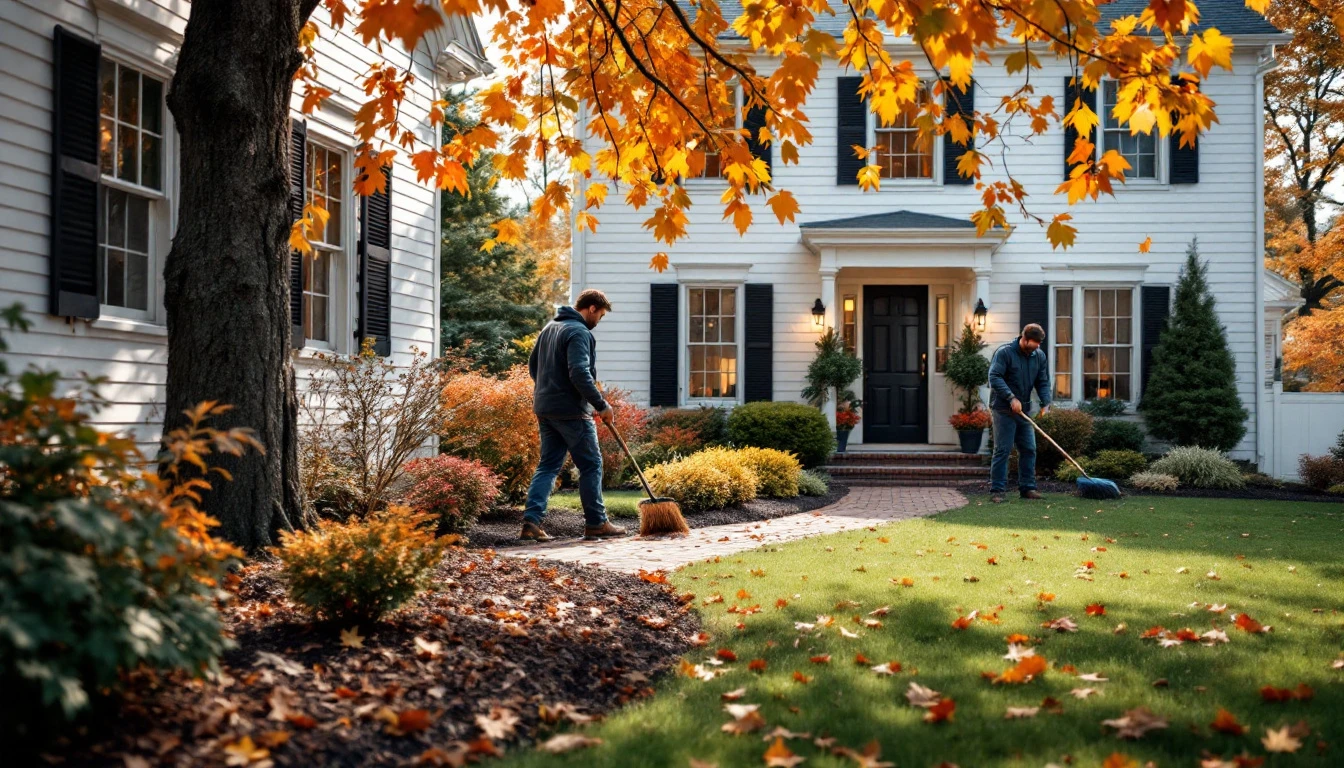 Colonial home with landscaping crew performing fall cleanup and leaf removal in front yard