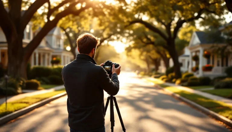 Real estate agent photographing tree-lined residential street during golden hour to document neighborhood character
