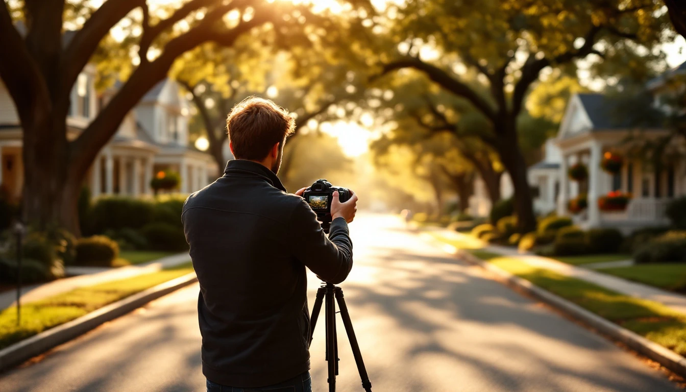Real estate agent photographing tree-lined residential street during golden hour to document neighborhood character