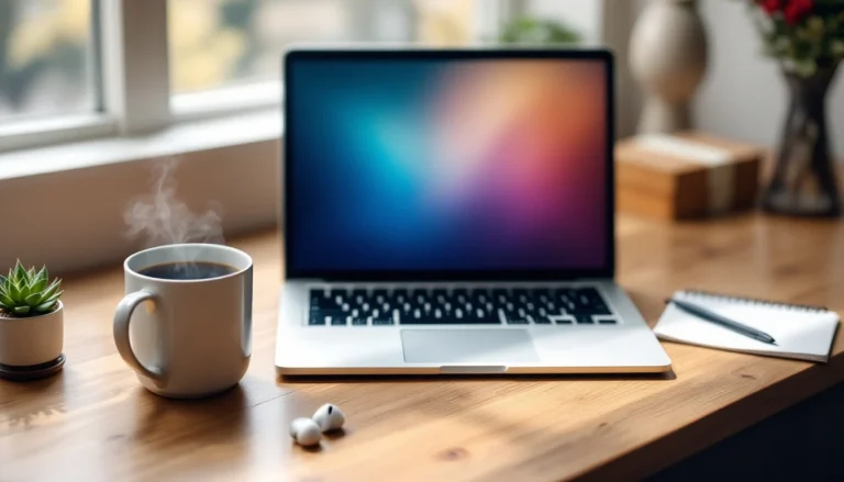 Professional workspace with laptop and coffee showing SEO content optimization environment