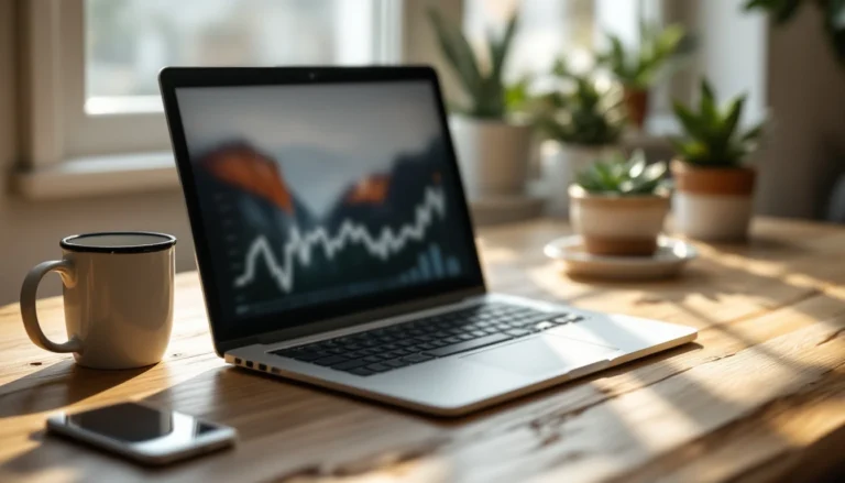 Modern workspace with laptop and coffee mug on wooden desk showing analytics workflow