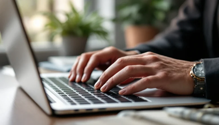 Hands typing on laptop keyboard in modern office workspace with natural lighting
