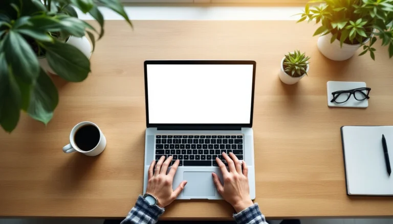 Modern workspace with laptop, coffee, and hands typing on clean desk surface in natural light