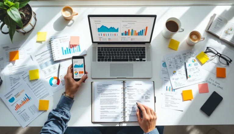 Overhead view of business workspace with analytics dashboard, printed reports, and strategic planning notes