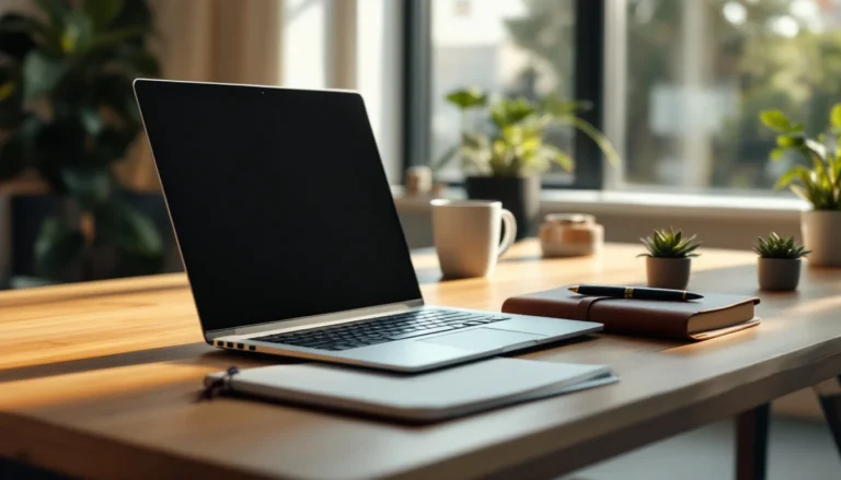 Professional workspace with laptop, coffee, and plants illustrating modern SEO and content strategy workflow