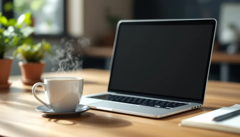 Clean workspace with laptop and coffee cup for content optimization workflow