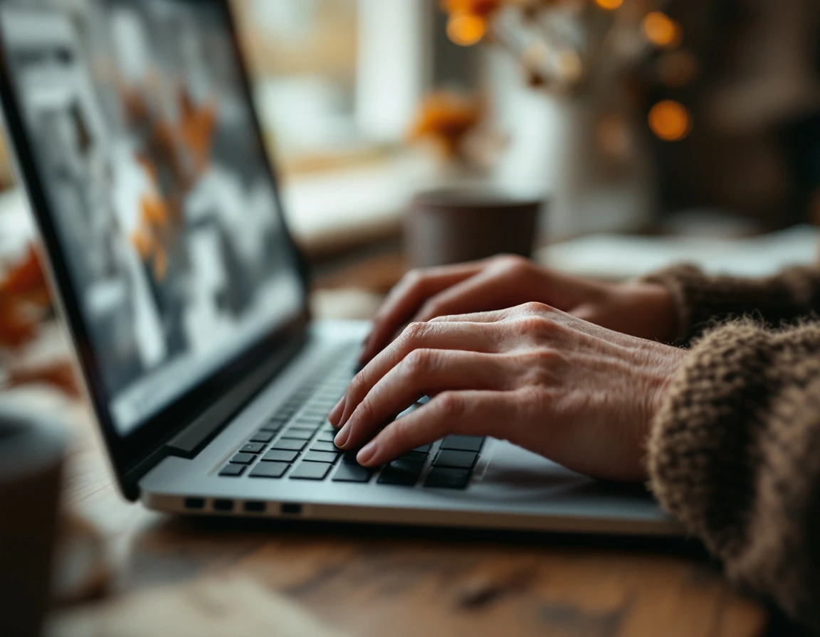 Hands typing on laptop keyboard in autumn workspace with natural lighting and seasonal decor