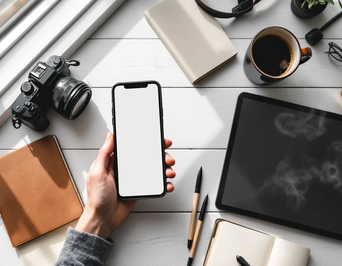 Workspace flat-lay with smartphone, tablet, camera, notebooks, and coffee showing content creation tools