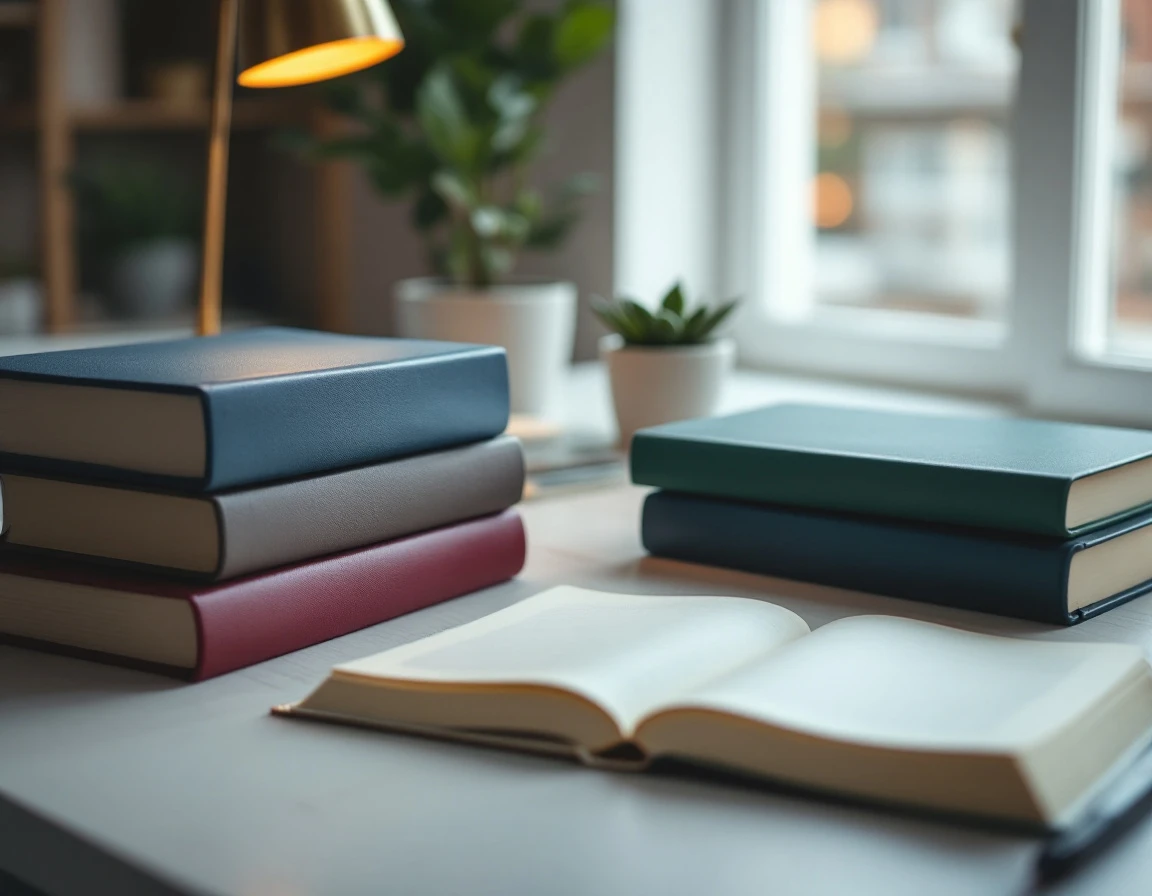 Professional workspace with stacked books and study materials for SEO research and AI answer engine strategy