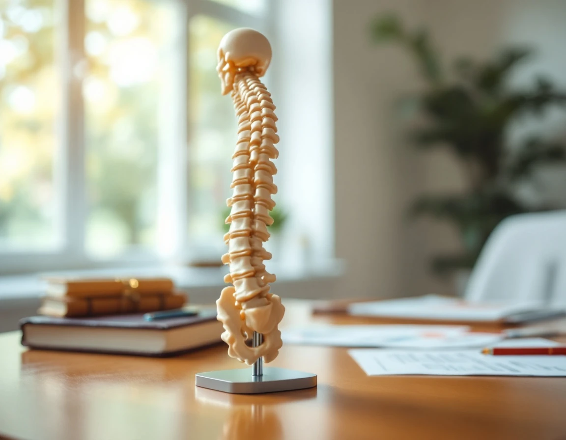 Anatomical spine model on chiropractor's desk with educational materials in natural lighting