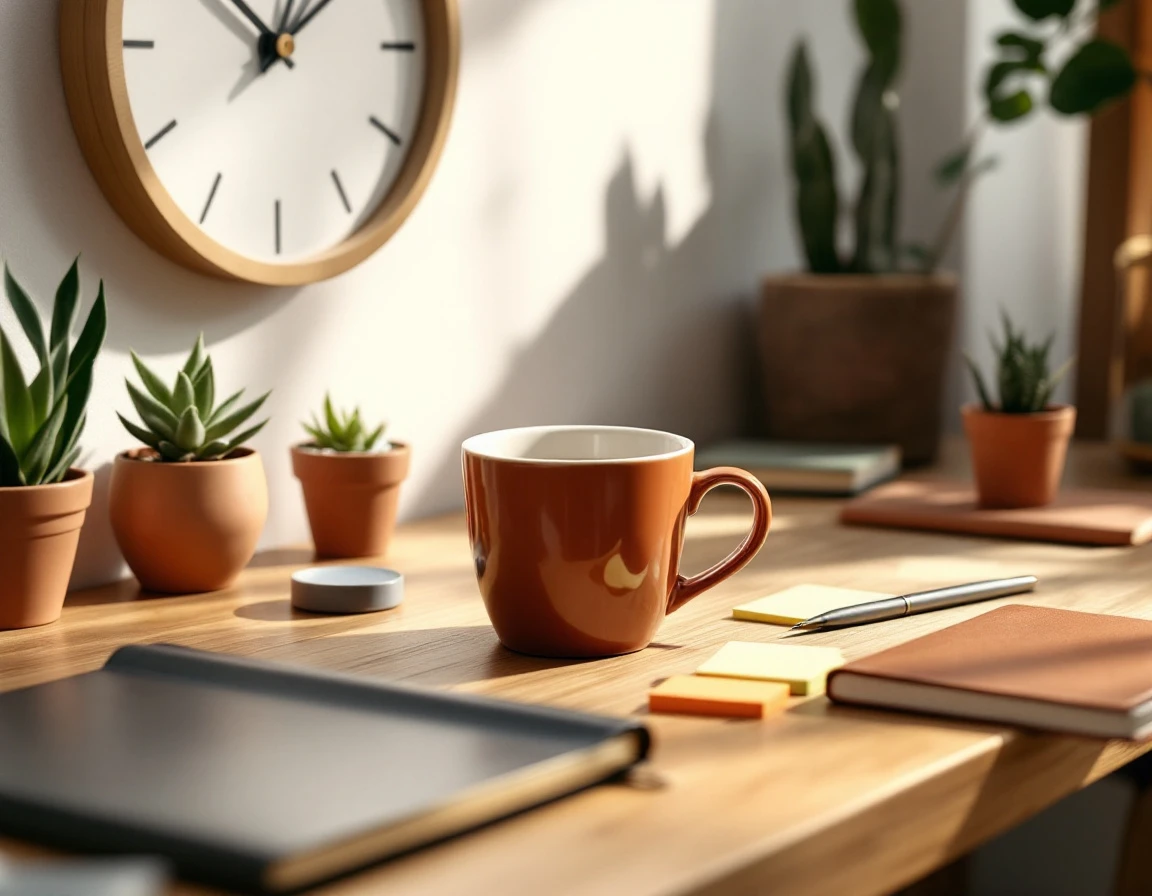 Organized desk workspace with coffee, plants, clock, and journal suggesting productivity planning routines