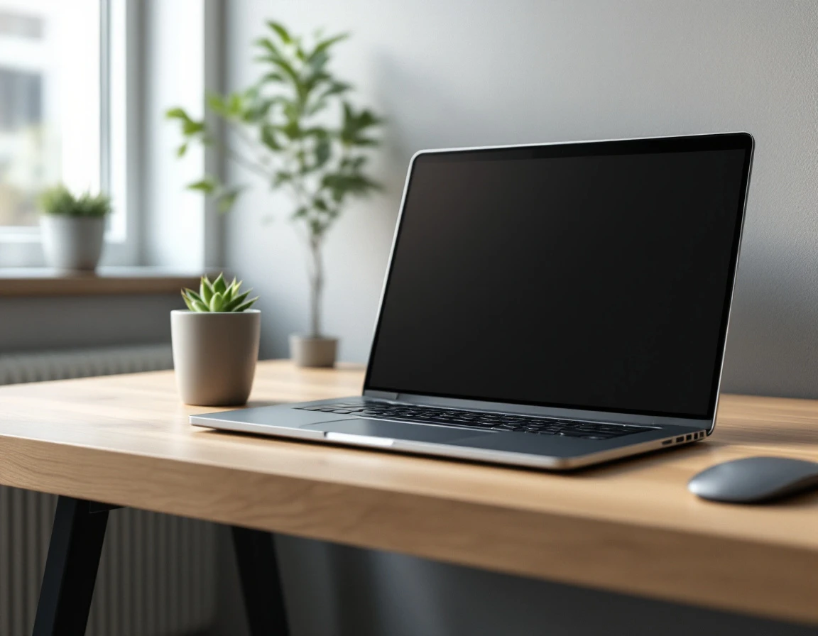 Laptop on wooden desk in professional office workspace with plants and natural lighting