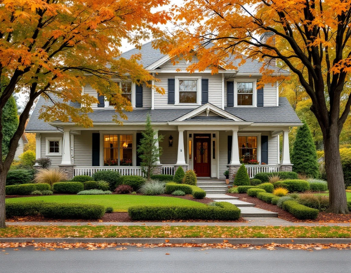 Craftsman home with professional landscaping showing year-round curb appeal and seasonal maintenance