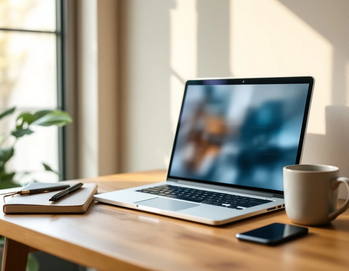 Laptop workspace with blurred analytics display, coffee mug, succulents, and notebook in natural light