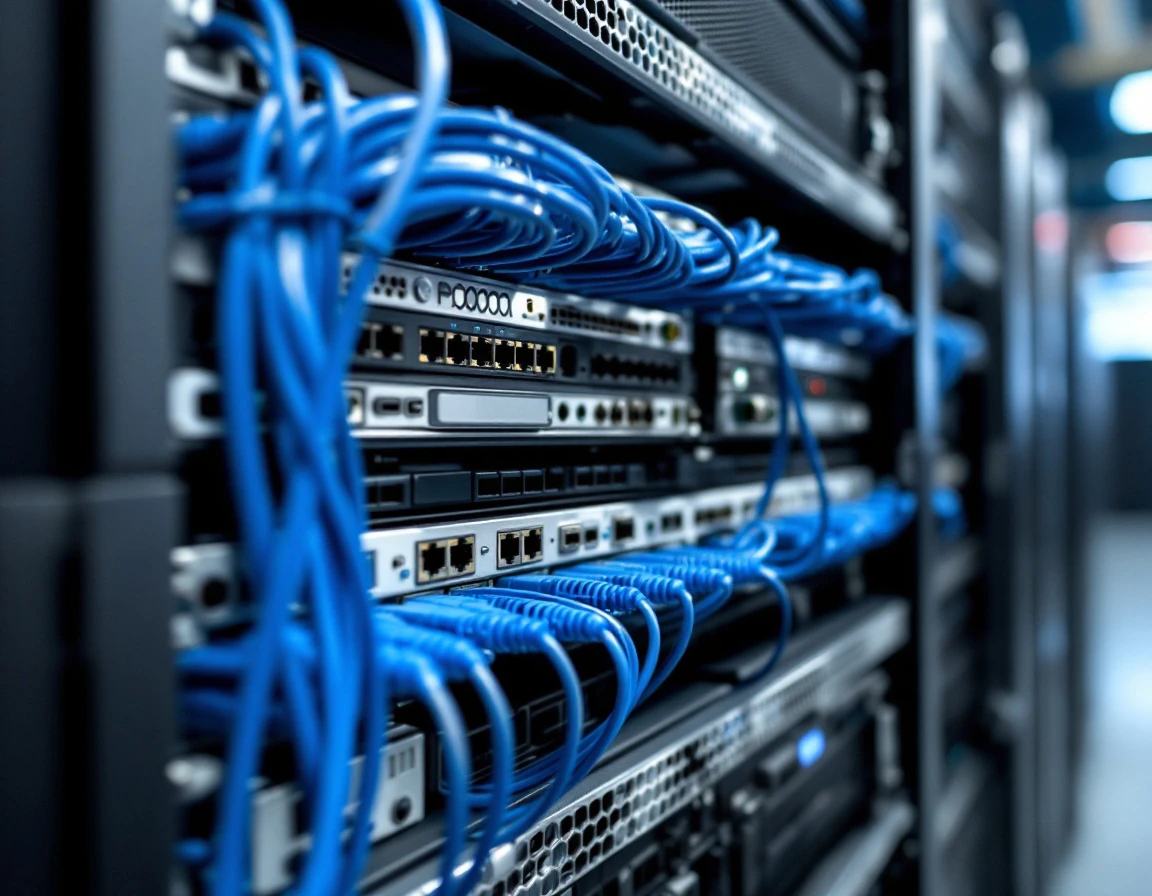Professional server rack with organized network cables and enterprise infrastructure equipment
