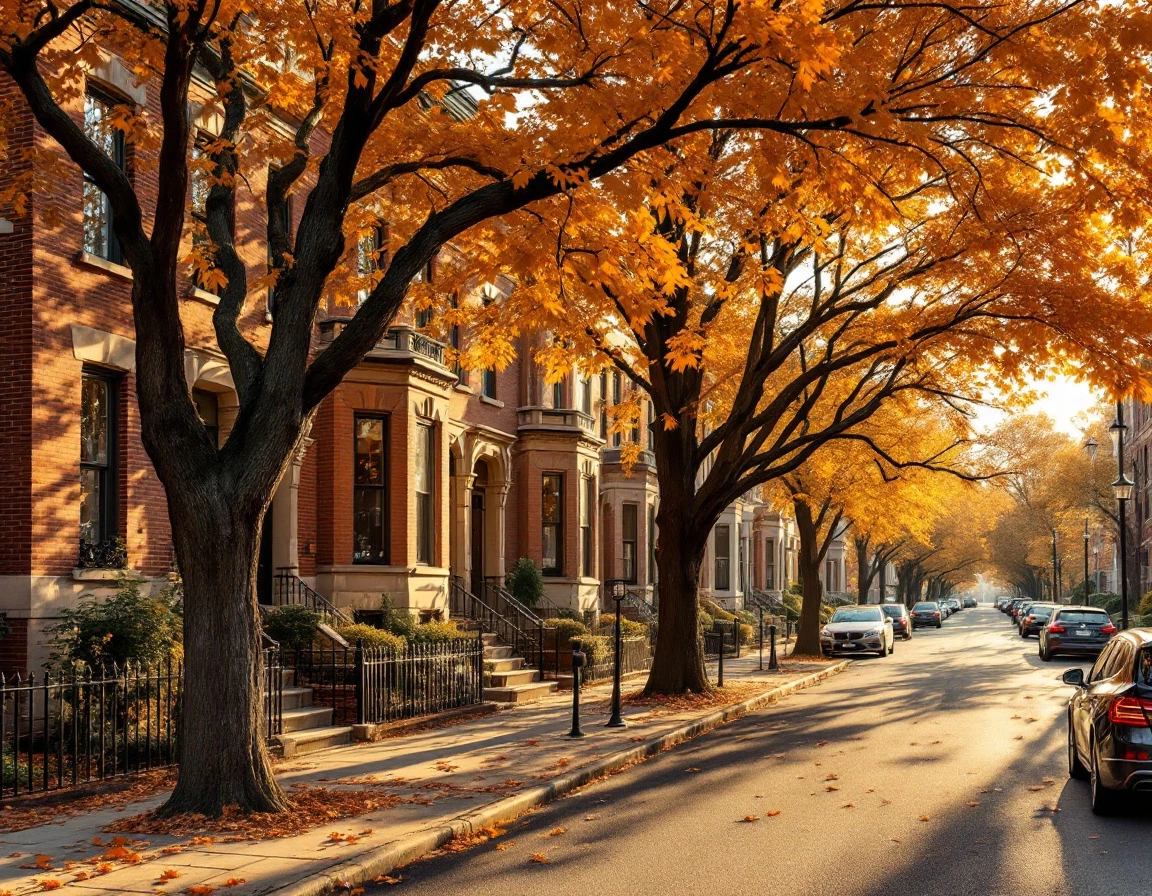 Residential brick buildings line a tree-covered autumn street with warm afternoon lighting