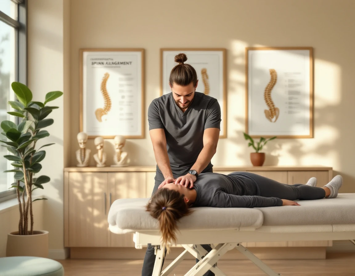 Chiropractor performing spinal adjustment on patient in modern clinic with anatomical spine models visible