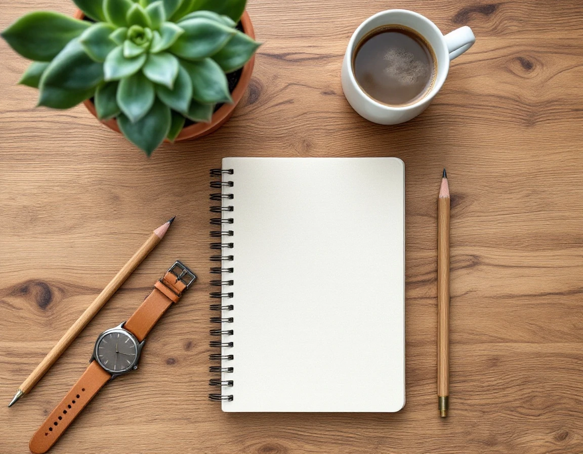 Top-down workspace flat lay with notebook, coffee, succulent, and analog watch showing authentic material textures