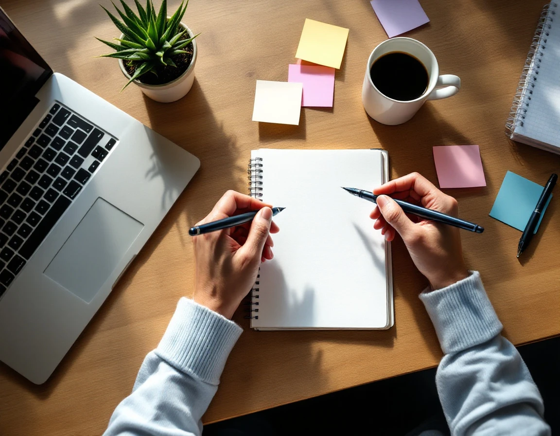 Content strategist's desk with notepad, coffee, and planning materials during a workflow session