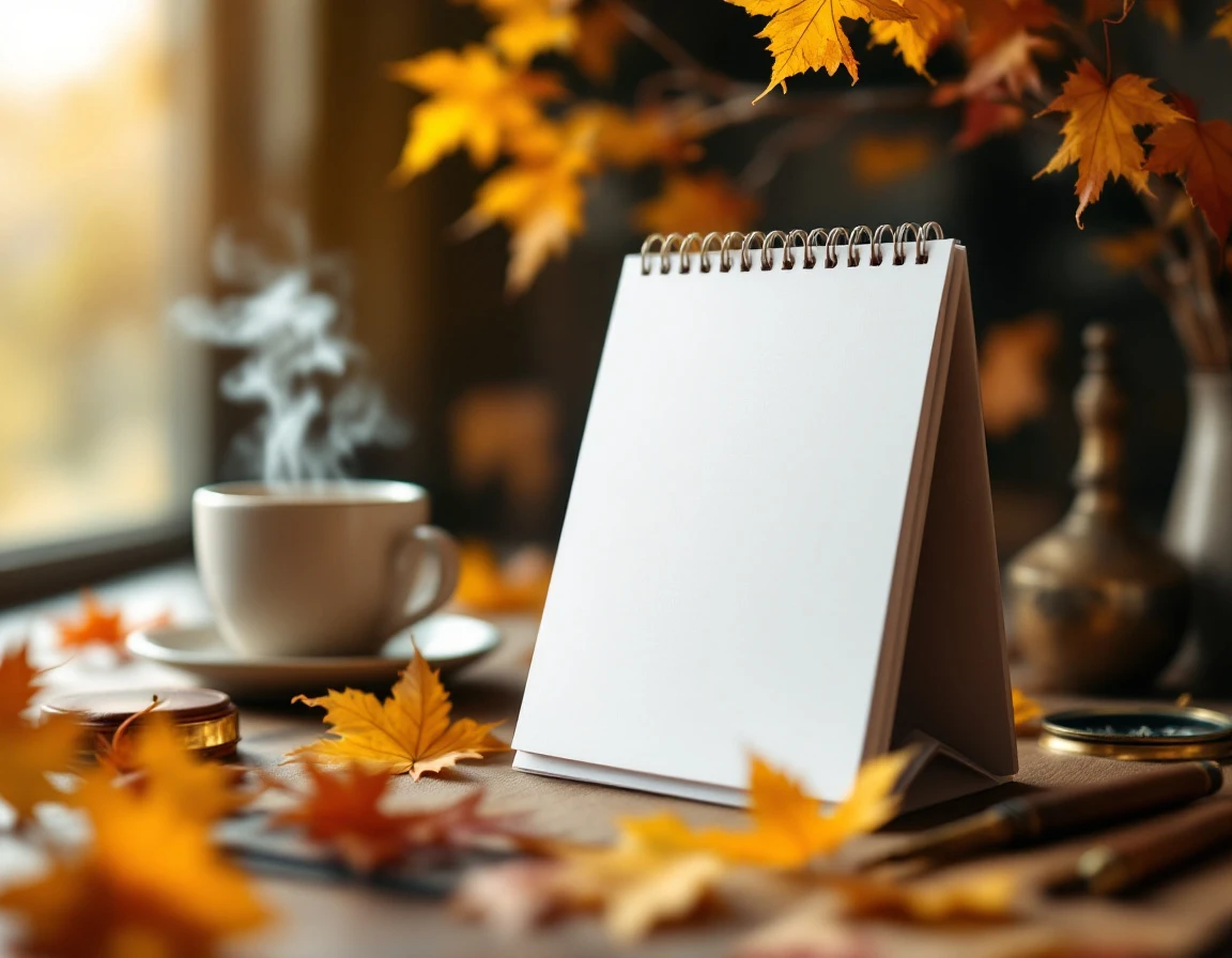 Blurred desk calendar surrounded by autumn leaves, coffee cup, and compass in warm natural window light