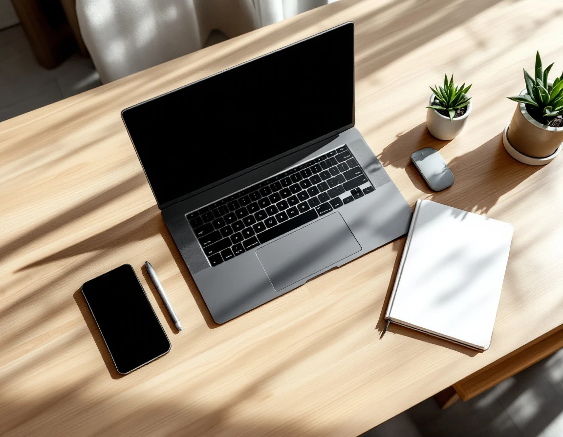 Modern content creation workspace with laptop, smartphone, and notebook arranged on wooden desk with natural lighting