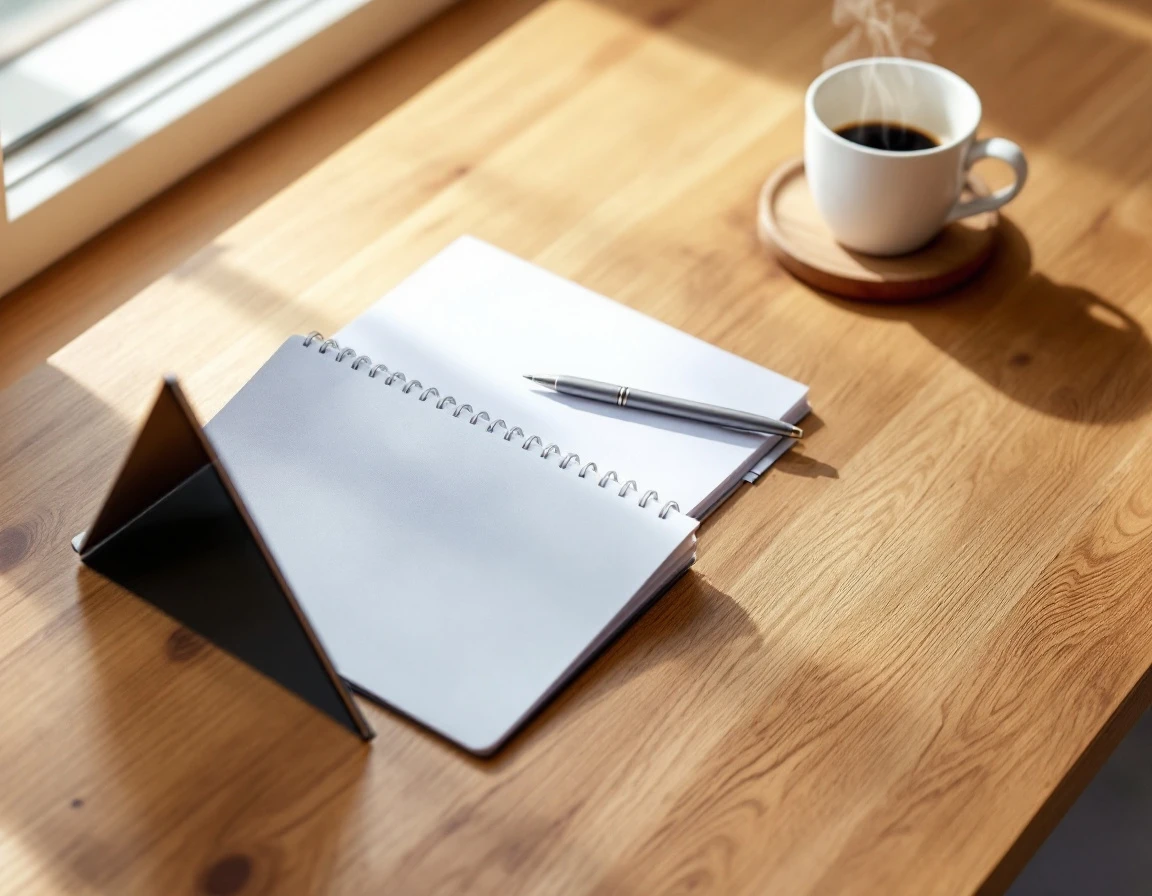 Professional workspace with laptop, notebook, and coffee cup on wooden desk in natural light