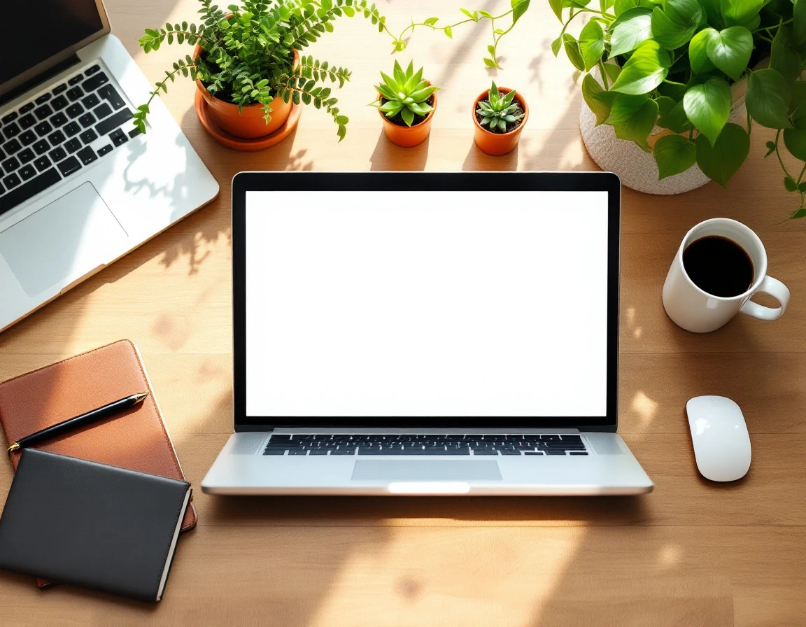 Professional workspace with laptop, notebook, and coffee on wooden desk surrounded by plants and natural light