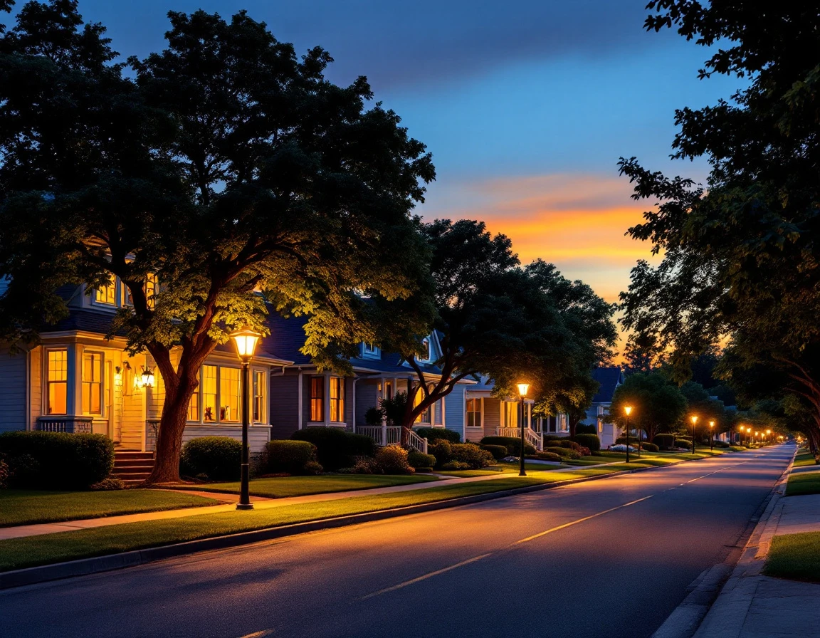Residential street with multiple homes showing architectural diversity in established neighborhood at dusk