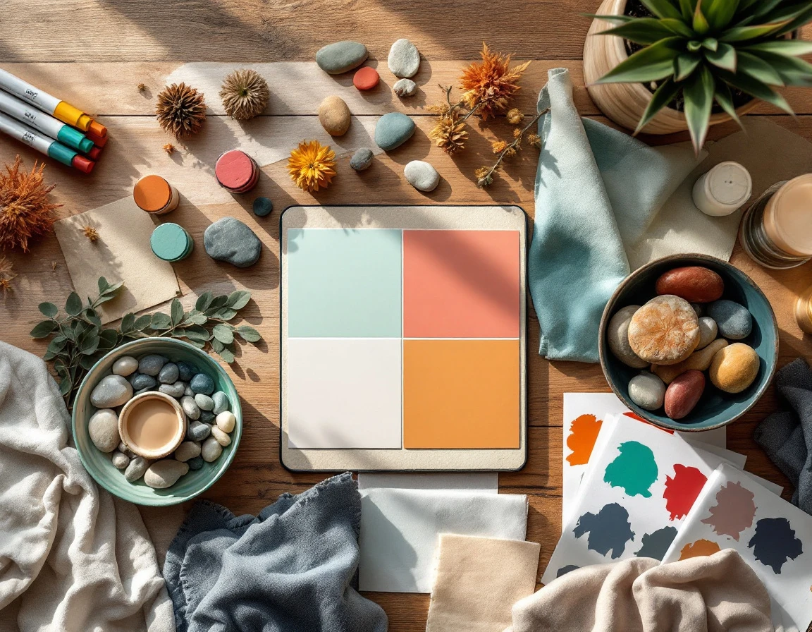 Flat-lay of seasonal color palettes with markers, paint swatches, and botanical elements on wooden surface