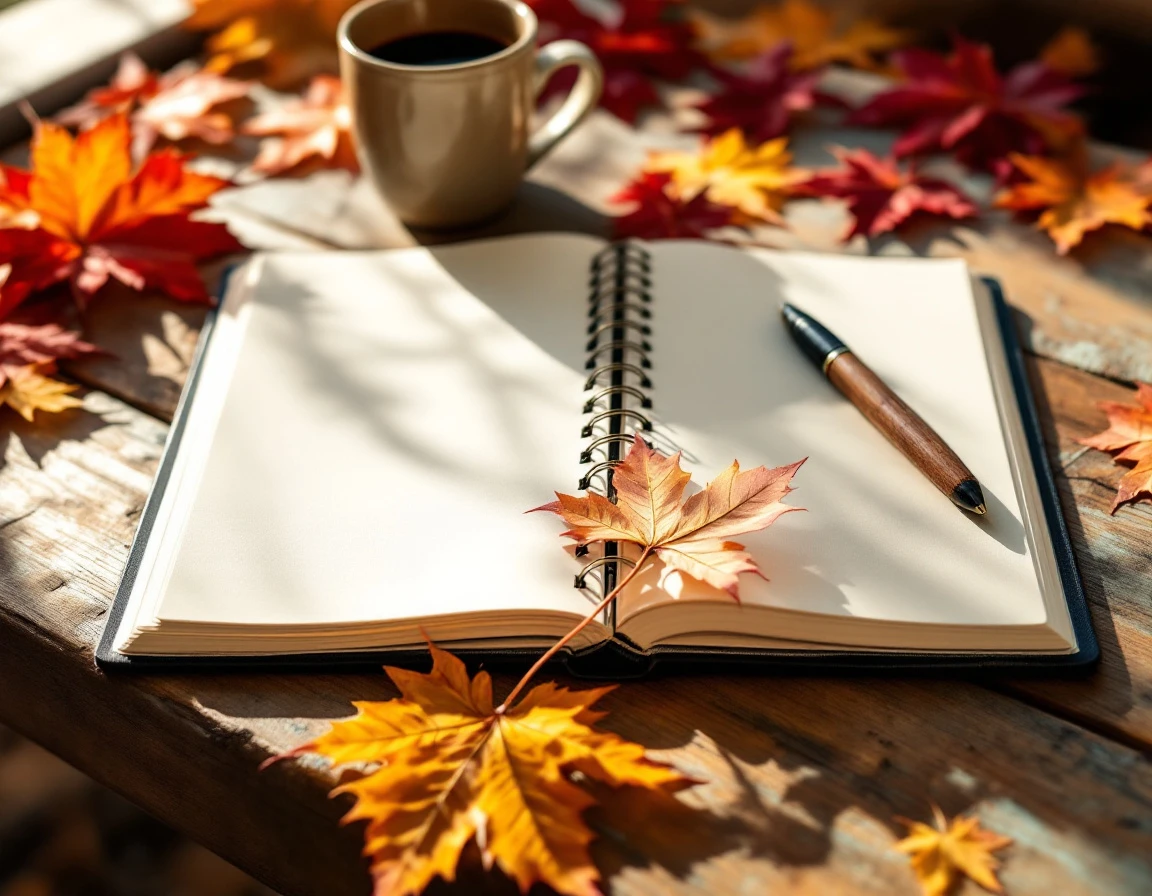 Open planner on desk with coffee mug, pen, and autumn leaves in soft morning light
