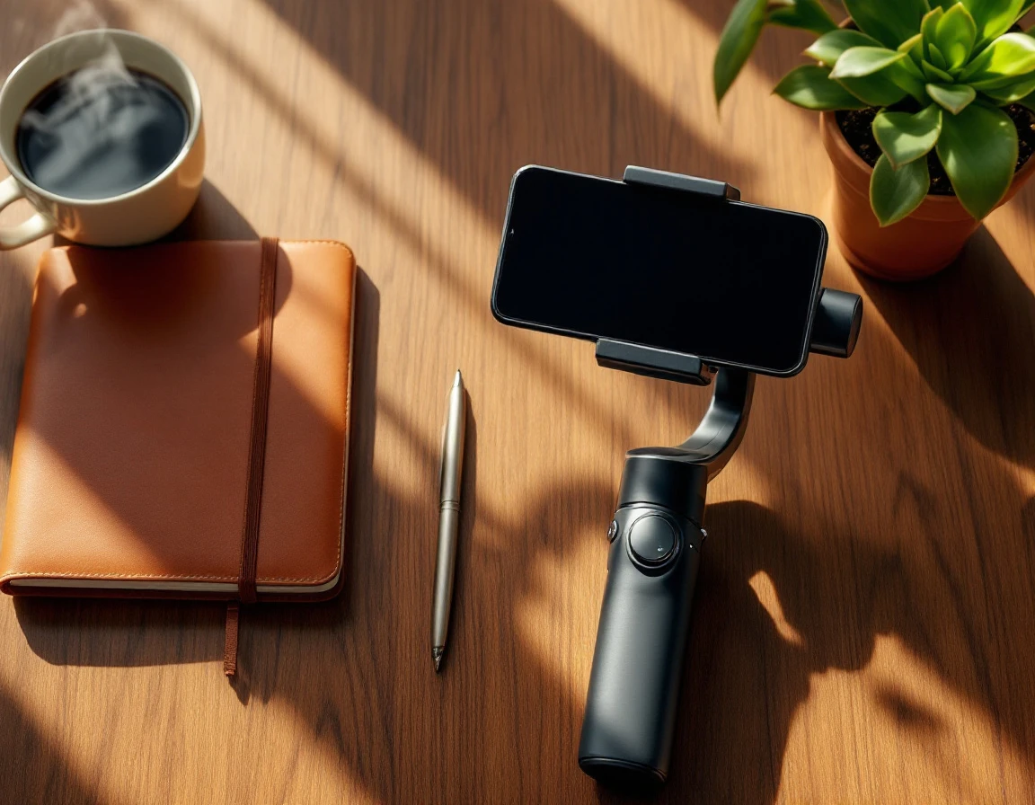 Smartphone gimbal stabilizer on workspace desk with coffee, journal, and succulent in natural morning light