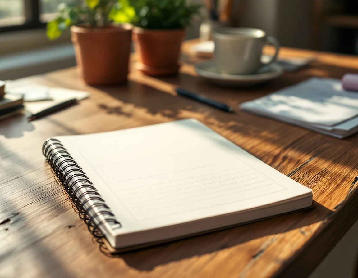Open planner on wooden desk with natural lighting and office background elements