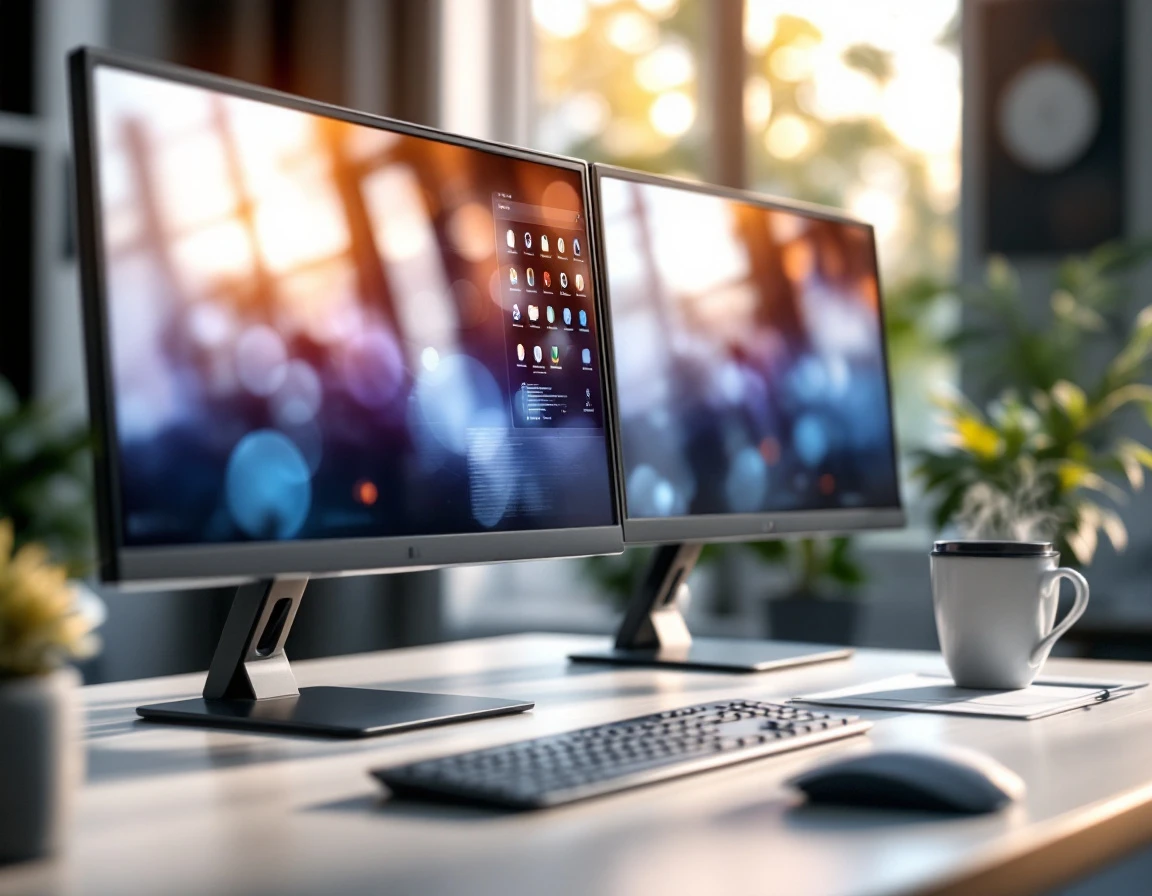 Professional desk workspace with dual monitors displaying blurred content and coffee cup in natural office lighting