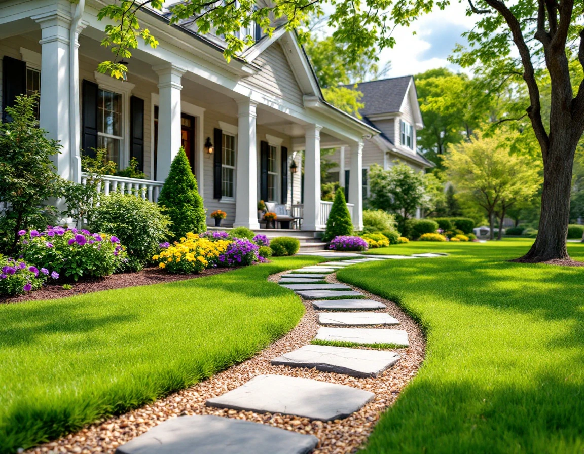 Residential front yard with spring landscaping featuring flower beds, stone pathway, and fresh green lawn