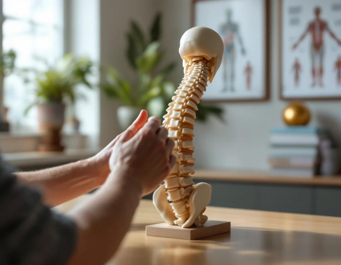 Chiropractor's hands demonstrating spinal anatomy on realistic spine model during patient education session