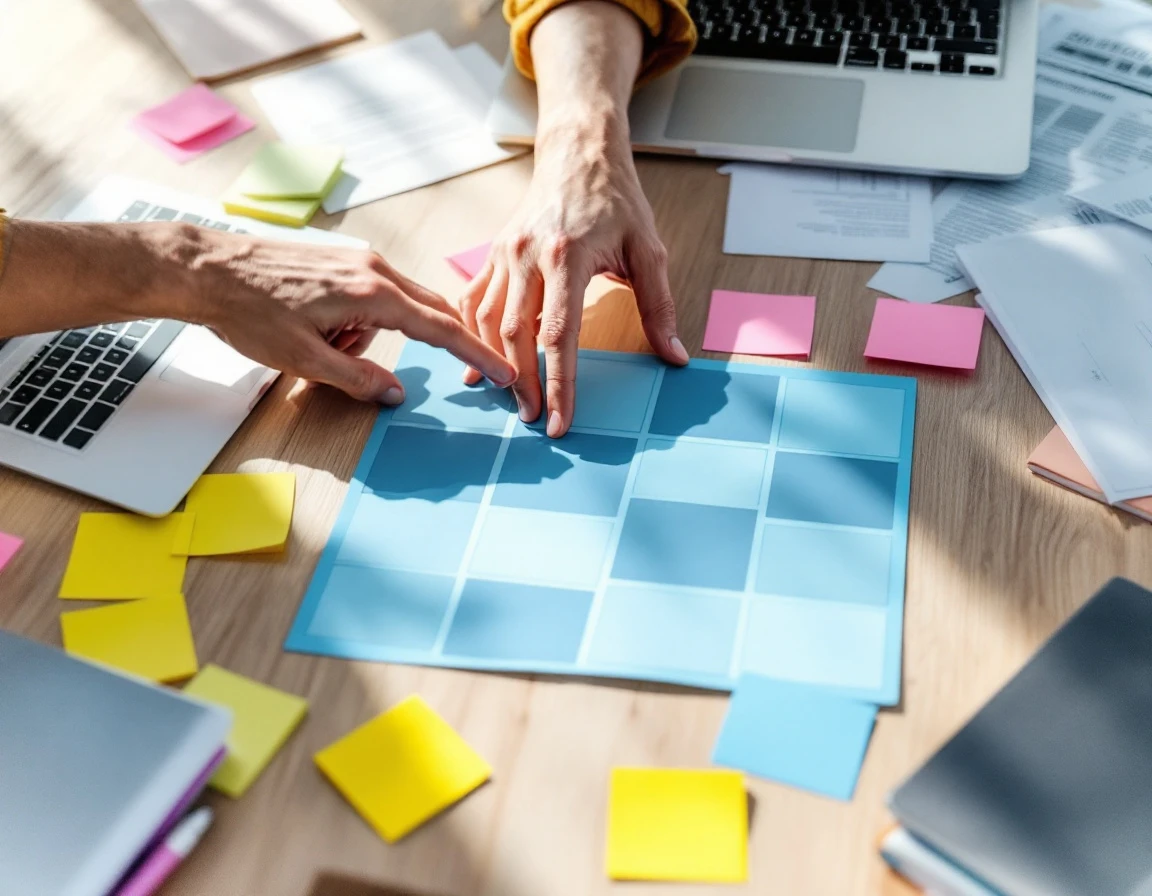 Overhead view of content strategy workspace with hand reaching toward blue wireframe layout and planning materials