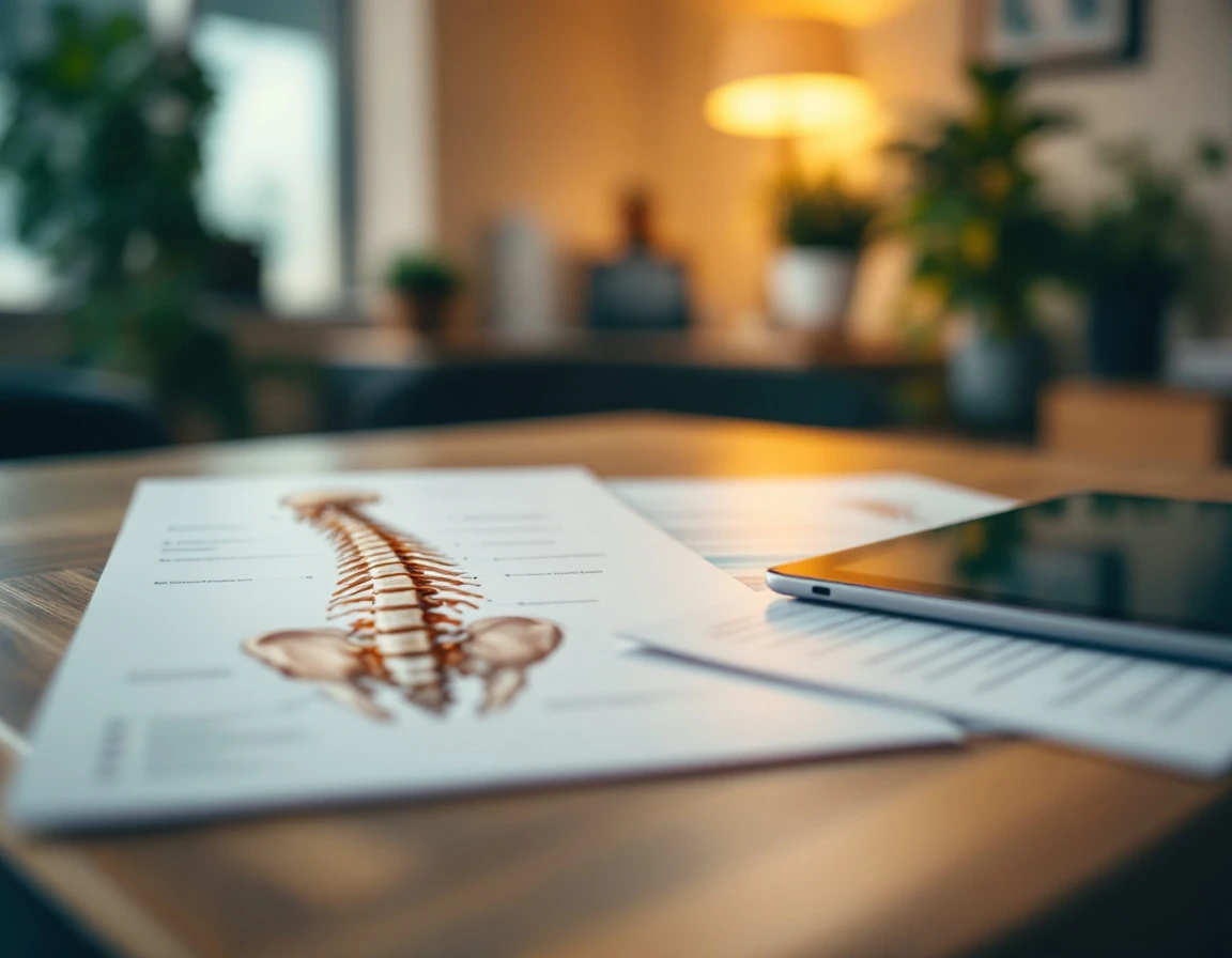 Educational spine health materials and anatomical charts arranged on chiropractor's desk