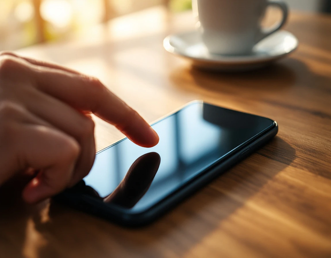 Smartphone displaying business search result with verification badge, finger poised to select verified listing
