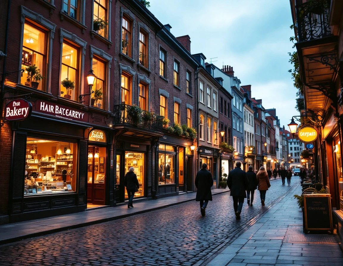 European neighborhood street at dusk with illuminated local service business storefronts and pedestrian activity